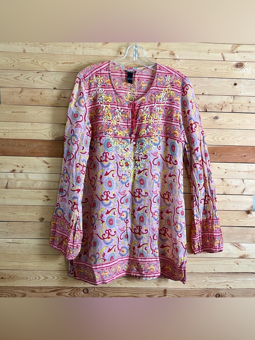 Lucky Brand Women’s Pink Multicolor Boho Floral Paisley Print Tunic Top size L